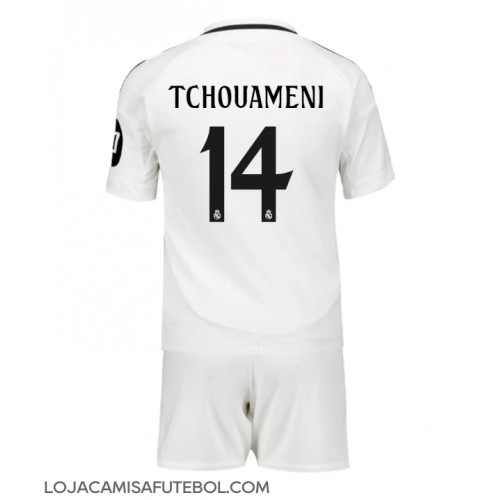 Camisa de Futebol Real Madrid Aurelien Tchouameni #14 Equipamento Principal Infantil 2024-25 Manga Curta (+ Calças curtas)